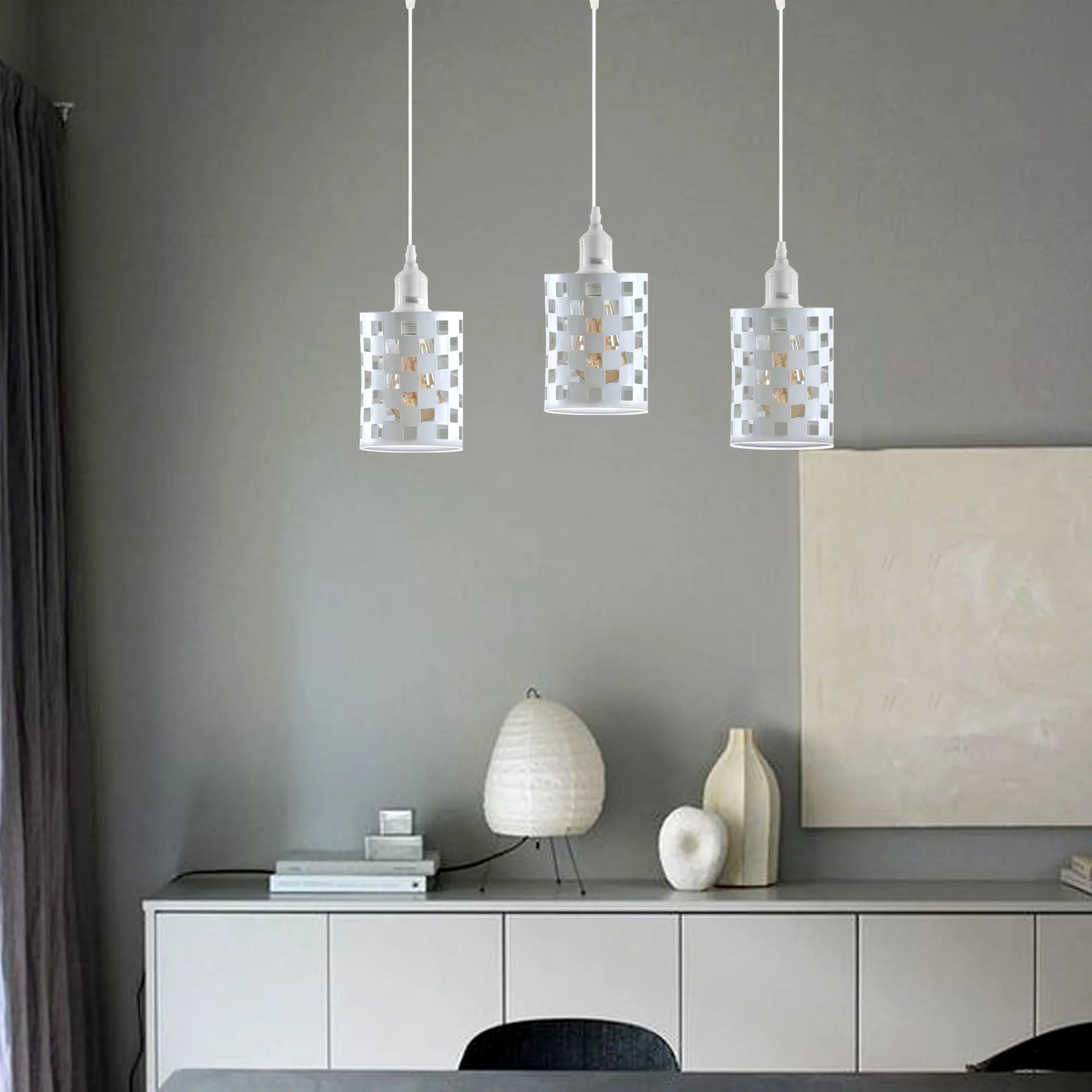 Vintage Retro 3 Way E27 Industrial White Cage Ceiling Pendant Light~3943