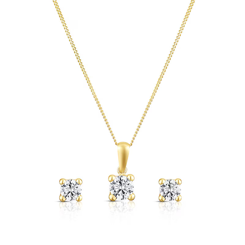 9ct Yellow Gold Cubic Zirconia Stud Earrings & Pendant Necklace Jewellery Set