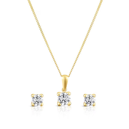 9ct Yellow Gold Cubic Zirconia Stud Earrings & Pendant Necklace Jewellery Set