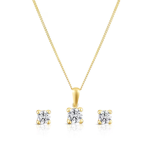 9ct Yellow Gold Cubic Zirconia Stud Earrings & Pendant Necklace Jewellery Set