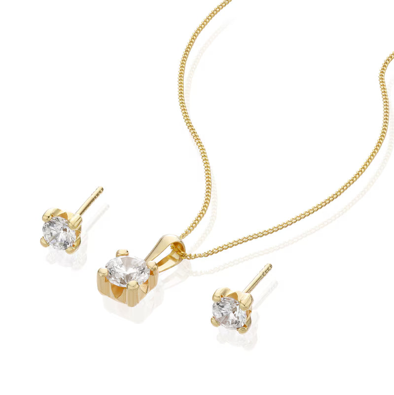 9ct Yellow Gold Cubic Zirconia Stud Earrings & Pendant Necklace Jewellery Set