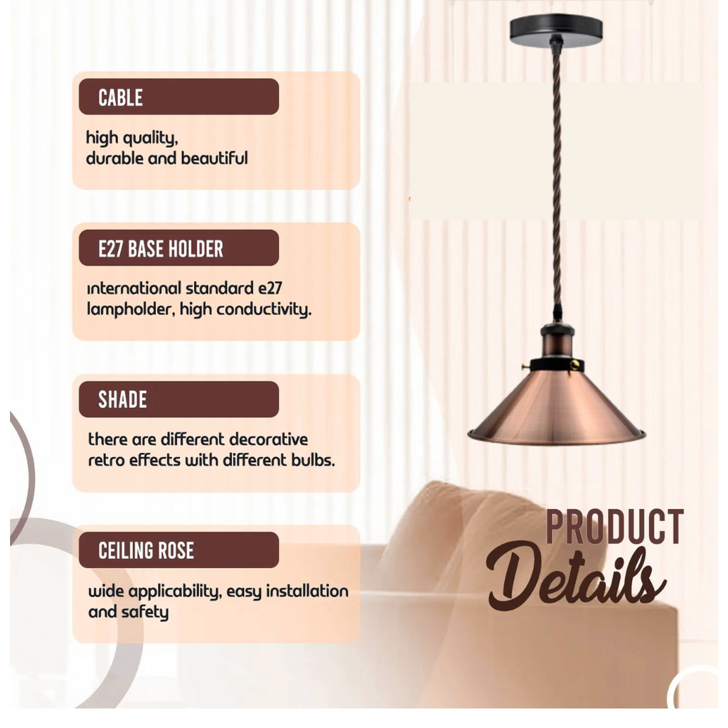 Cone Shade 2M Pendant Light Copper Ceiling Hanging Pendant Lamp ~3379